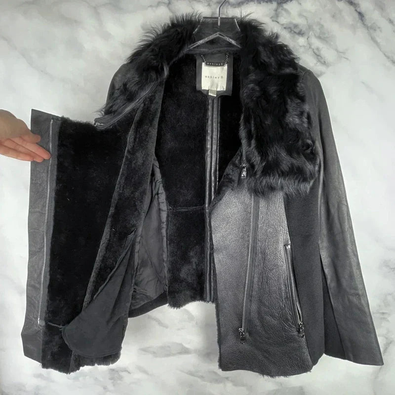 Ashley B $1795 Leather Shearling Wool Zipper Cowl Moto Biker Coat Jacket Black S