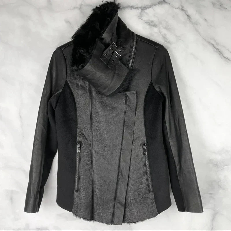 Ashley B $1795 Leather Shearling Wool Zipper Cowl Moto Biker Coat Jacket Black S