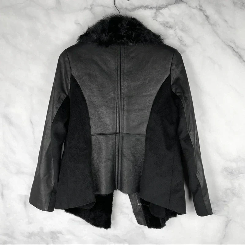 Ashley B $1795 Leather Shearling Wool Zipper Cowl Moto Biker Coat Jacket Black S